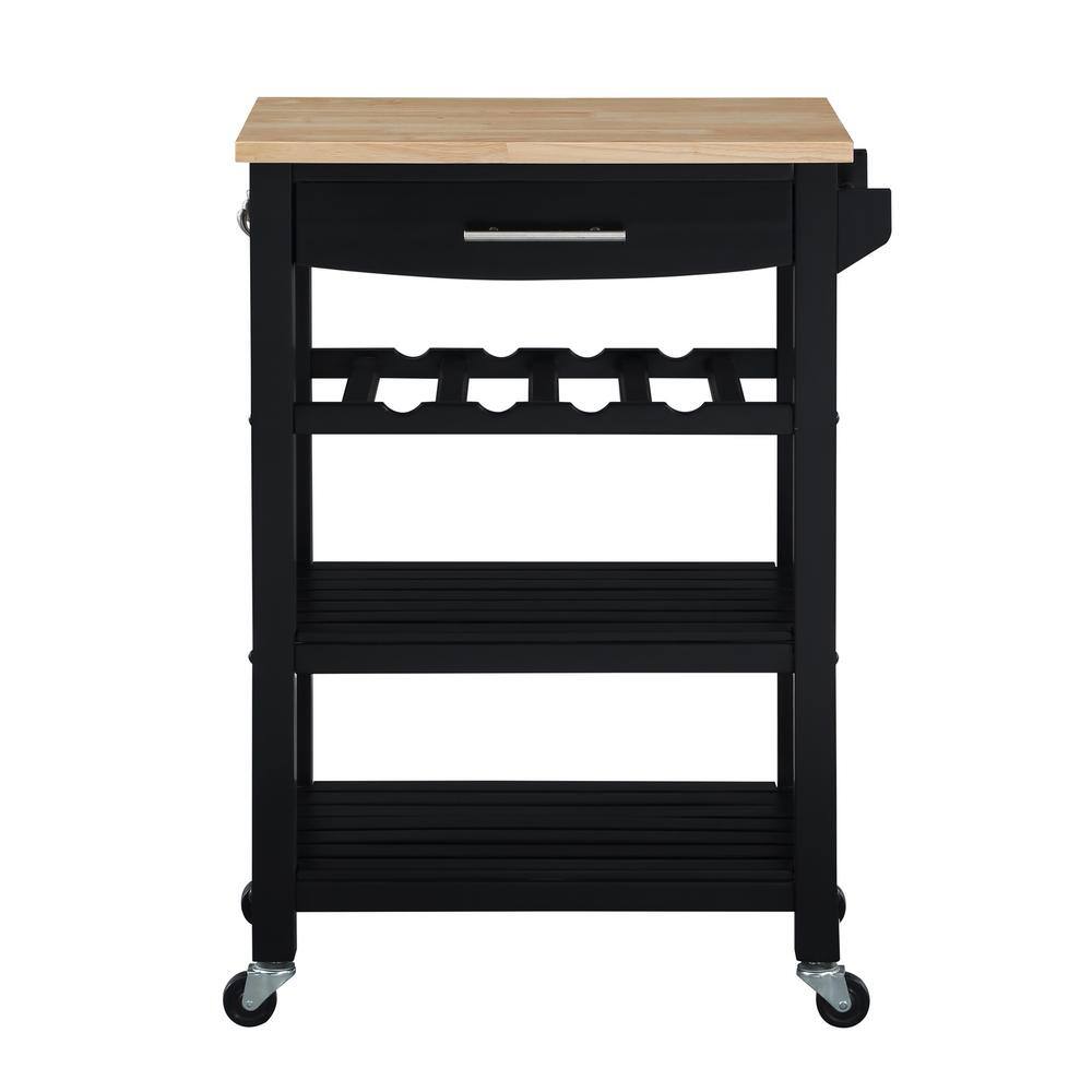Convenience Concepts Ellaine 4 Tier Small Butcher Block Kitchen Island Cart with Drawer and Wine Rack  Black/Butcher Block