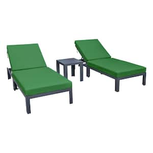 Chelsea Modern Black Aluminum Outdoor Patio Chaise Lounge Chair with Side Table and Green Cushions (Set of 2)