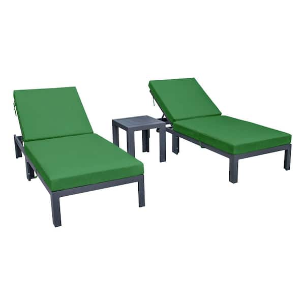 Leisuremod Chelsea Modern Black Aluminum Outdoor Patio Chaise Lounge Chair with Side Table and Green Cushions (Set of 2)