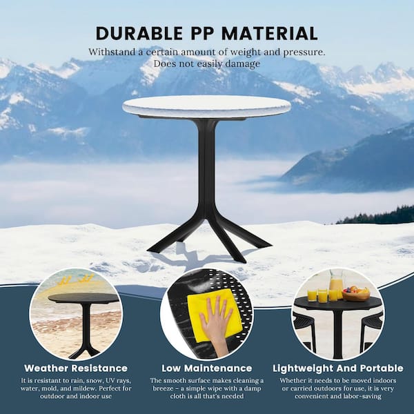 FrondandForm Modern Outdoor Patio Poly Plastic 5-Piece Round Table Dining Set w/ 4 Stackable Chairs in Black