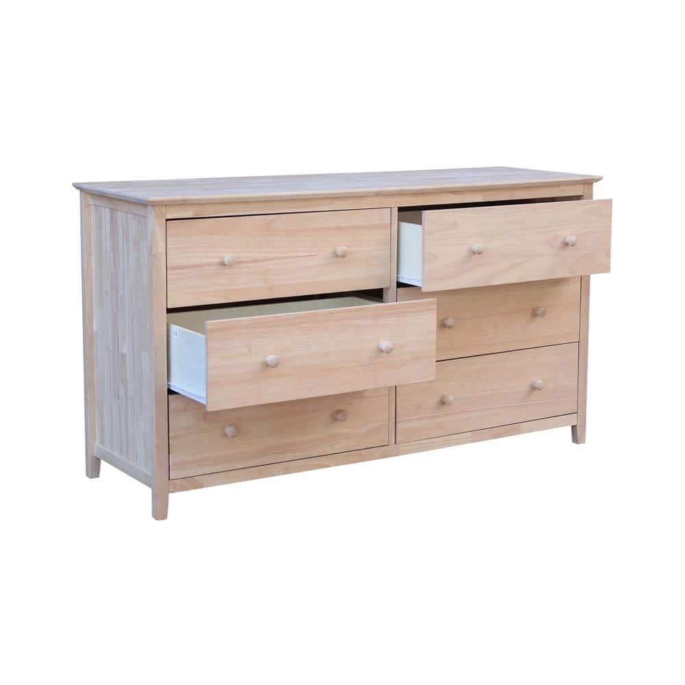 Coastal Unfinished Solid Wood 6-Drawer Dresser in Brown