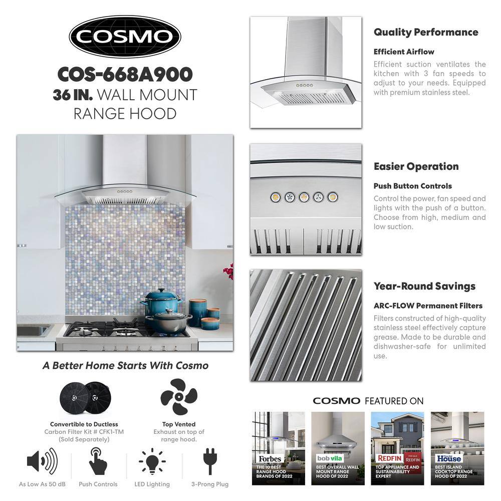Cosmo 36" Stainless Steel Wall Mount Range Hood with Charcoal Filter