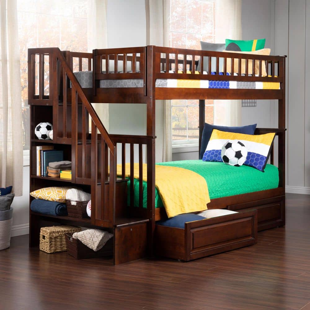 Walnut Twin Over Twin Bunk Bed with Staircase and Storage Drawers