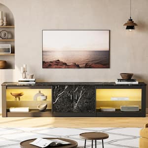 80 in. Black Marble TV Stand Fits TV's Up to 85 in. with Cabinet and Adjustable Glass Shelves