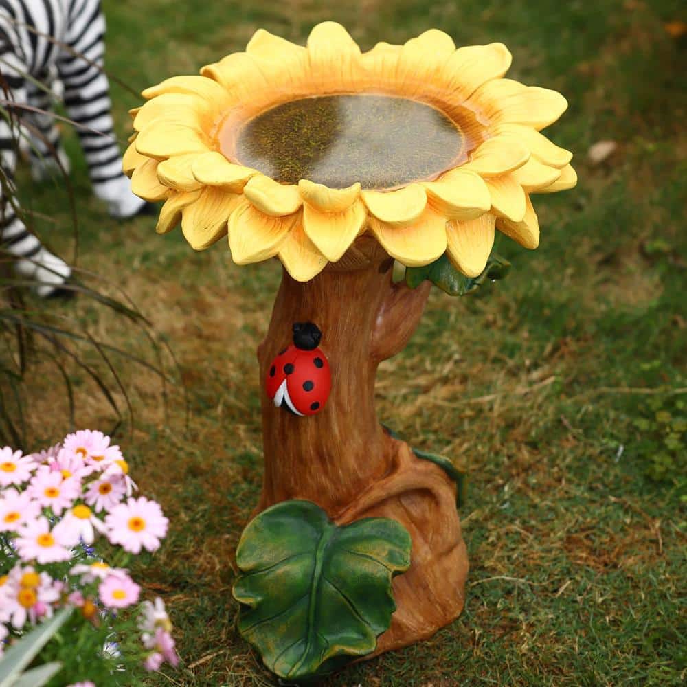 Yellow Sunflower Resin Birdbath with Ladybug Accent