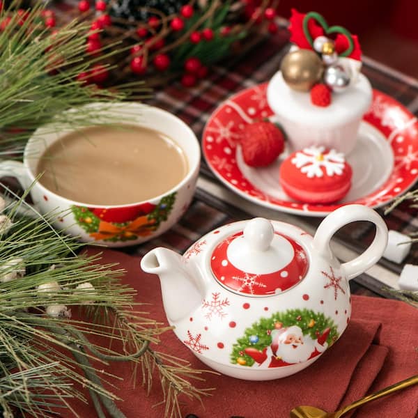 VEWEET Santaclaus 1-Cup White and Red Christmas Porcelain Tea Set with Teapot, Teacup and Saucer SANTACLAUS-TFO - The Home Depot