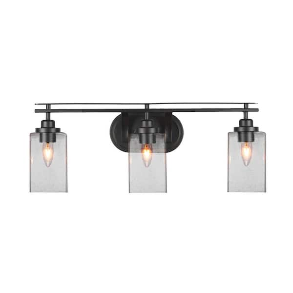 Unbranded Monroe 25.75 in. 3-Light Matte Black Vanity-Light 4 in. Square Clear Bubble Glass Shade No Bulbs Included