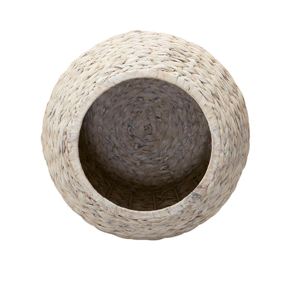 Handwoven White Wicker Round Side Table with Metal Frame