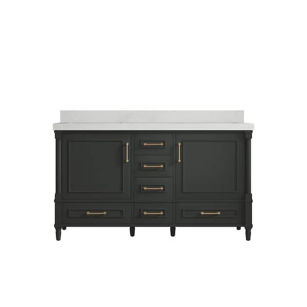 Willow Collections Hudson 60 in. Double Sink Freestanding Black Top Bath Vanity with Carrara Quartz Top Unassembled