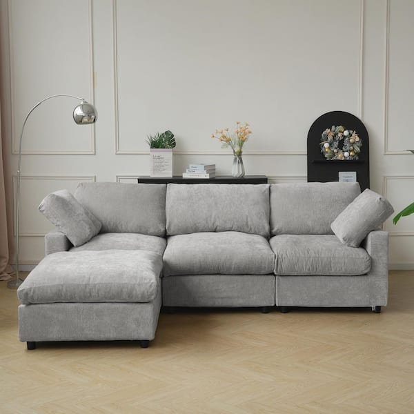 100.5 in. Square Arm Chenille 4-piece L-Shaped Sectional Sofa Couch with Ottoman in. Gray For Living Room, Apartment
