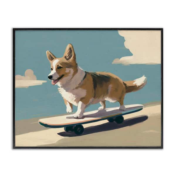 Stupell Industries Skateboarding Corgi Dog by Svetlana Aleynikova Black Framed Animal Giclee Art Print 11 in. x 14 in.