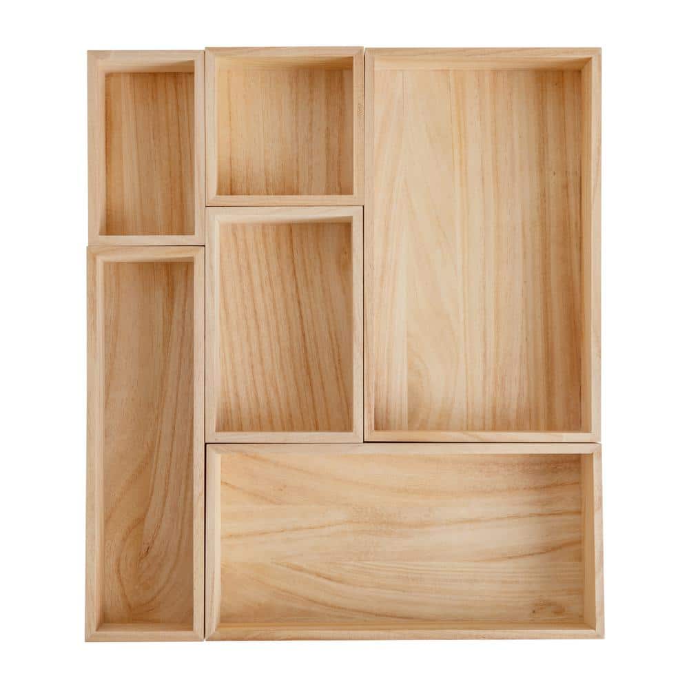 Light Natural 6-Piece Paulownia Wood Desk Drawer Organizer Set