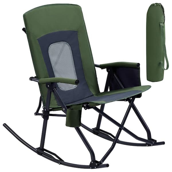 Oversized Folding Rocking Camping Chair Portable Outdoor Rocker with High Back Hard Armrests Carry Bag Green