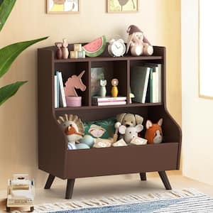 28.5 in. 2-Tier Children's Multi-Functional Bookcase and Toy Storage Bin with Cubbies and Bookrack - Brown