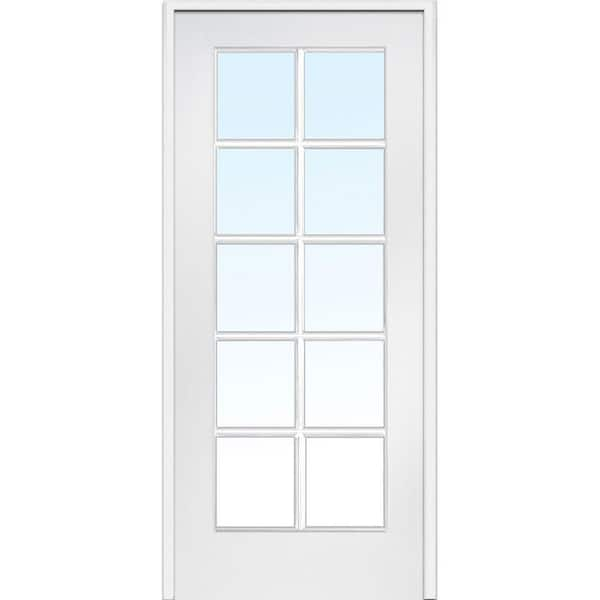 60 in. x 80 in. Right Hand Active Primed MDF Glass 10-Lite Clear True  Divided Prehung Interior French Door