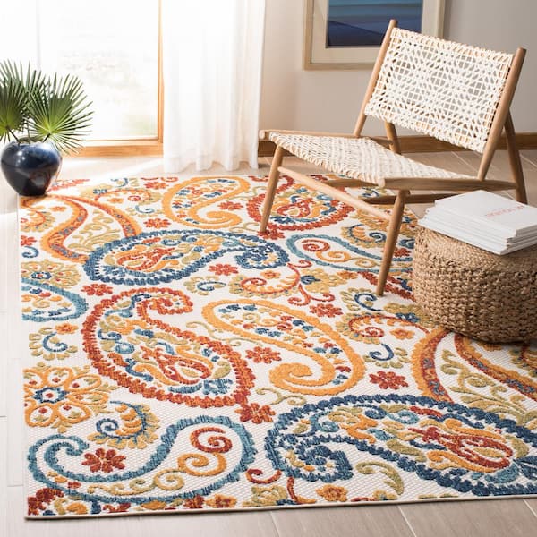 Cabana Cream/Navy Doormat 2 ft. x 4 ft. Paisley Floral Indoor/Outdoor Area Rug
