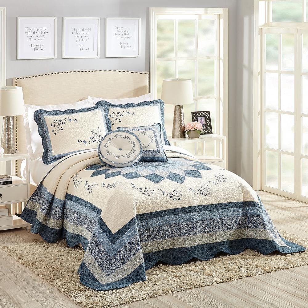 Charlotte Blue Cotton Queen Bedspread with Floral Scrolls