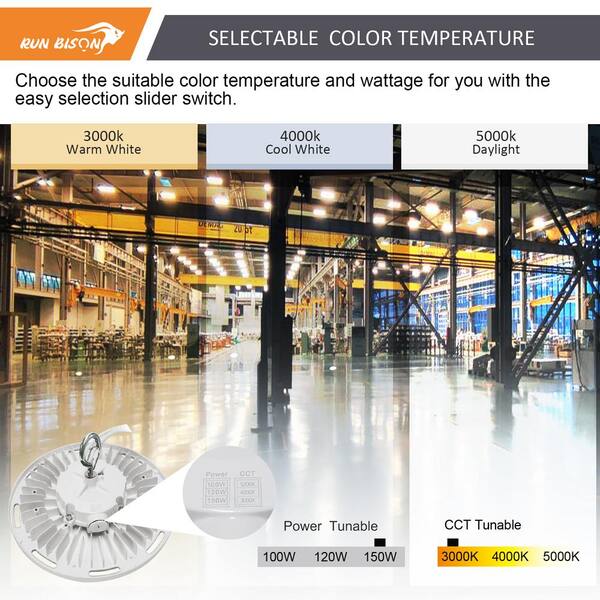 RUN BISON 8-Pack 10.6 in. White 450-Watt Equivalent Integrated LED UFO High Bay Light Fixture, 5000K 21750Lumens, 0-10V Dimmable
