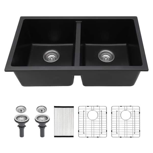 33 in. Undermount Double Bowl Black Quartz Kitchen Sink with Bottom Grids