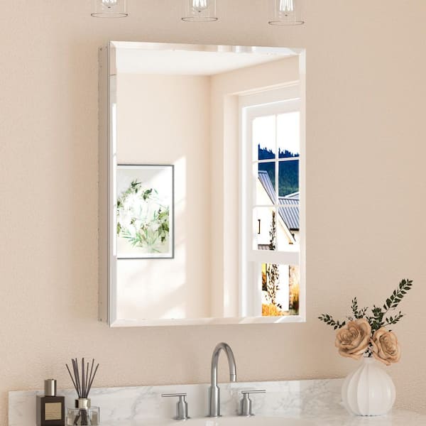 24 in. W x 32 in. H Rectangular Beveled Frameless Metal Silver Surface Mount/Recessed Medicine Cabinet with Mirror