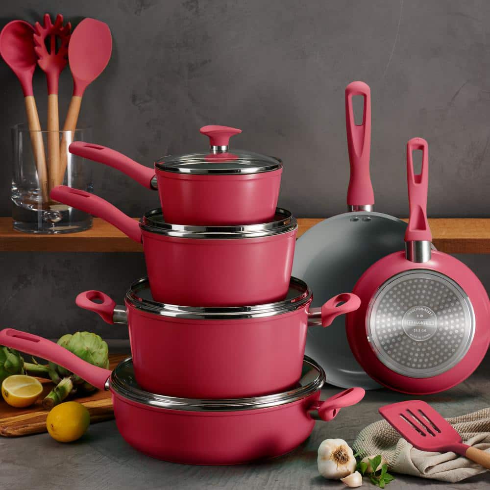 Red 14-Piece Nonstick Ceramic Cookware Set with Glass Lids