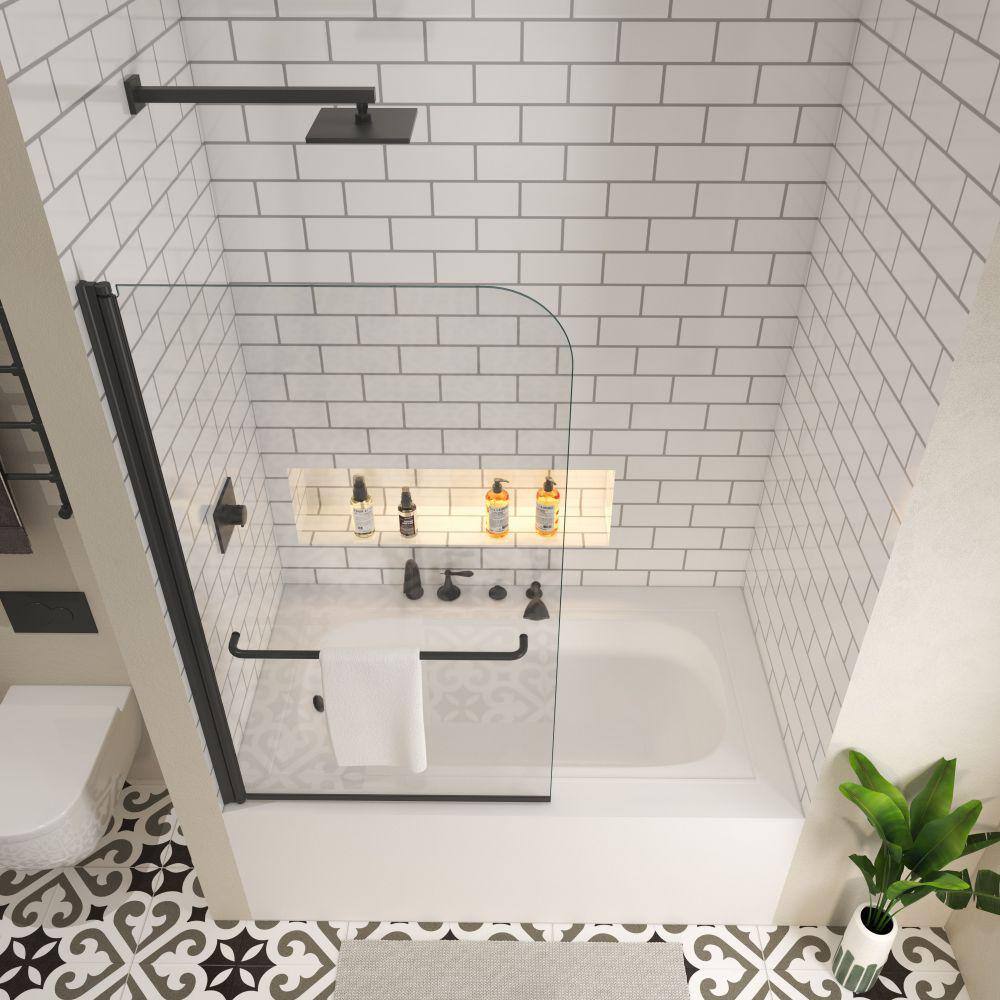 34"W x 58"H Matte Black Frameless Pivot Tub Door with Clear Glass