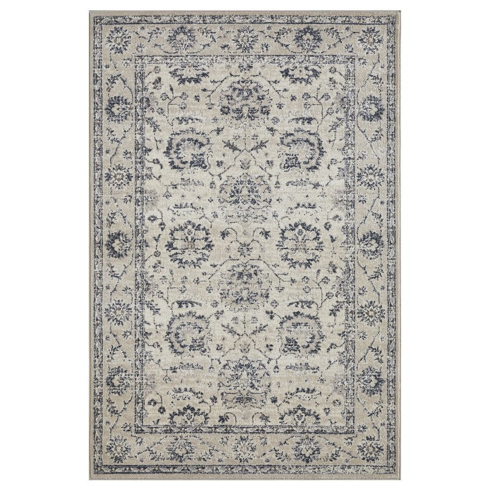 Gray and Ivory Floral Synthetic 4' x 6' Area Rug