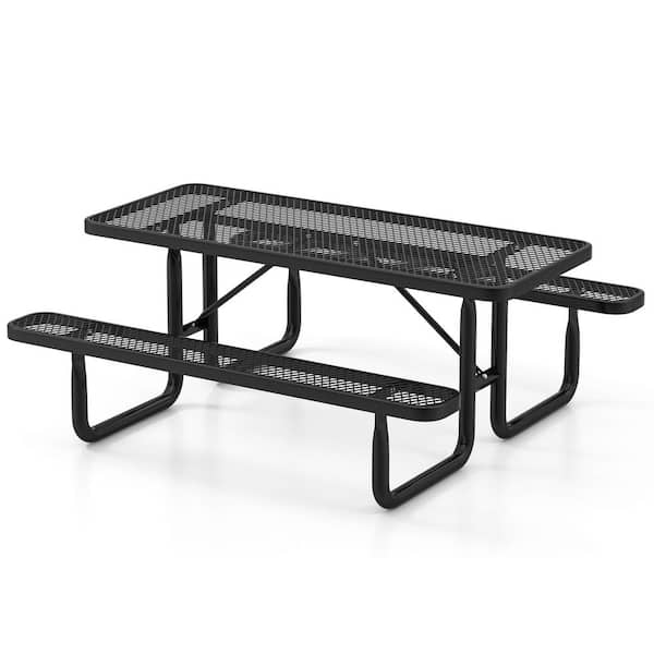 ANGELES HOME 72 in. Black Rectangle Metal Frame Picnic Table with Benches 8 People without Umbrella Hole with Seats and Mesh Grid