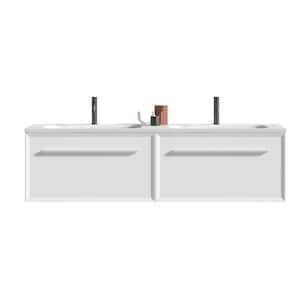 60 in. W x 18 in. D x 17 in. H Double Sink Floating Bath Vanity in White with White Solid Surface Top