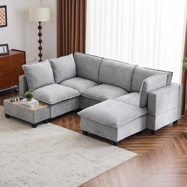 Trestlen 90 in. Chenille Upholstered Modular 5-Seater Sectional Sofa in. Grey with Coffee Table, Hidden Charging Ports