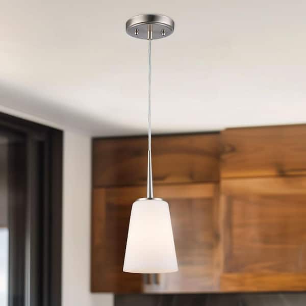 Bel Air Lighting Horizon 1-Light Brushed Nickel Hanging Mini Pendant Light Fixture with Frosted Glass Shade