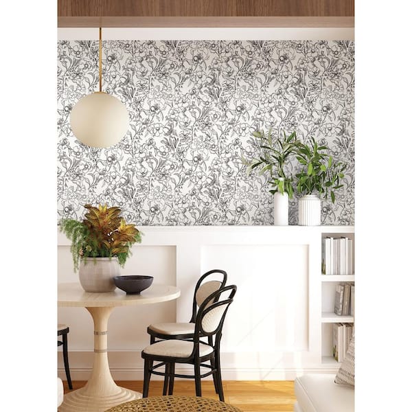 TNBL302  Bloom Soft Gray Metallic Floral Sketch Commercial Vinyl Wallpaper