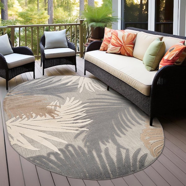 Contemporary Tropical Large Floral Gray 5 ft. x 7 ft. OVAL Indoor/Outdoor Area Rug