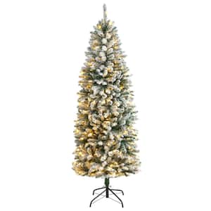 6 ft. Slim Flocked Montreal Fir Artificial Christmas Tree with 250 Warm White LED Lights and 743 Bendable Branches