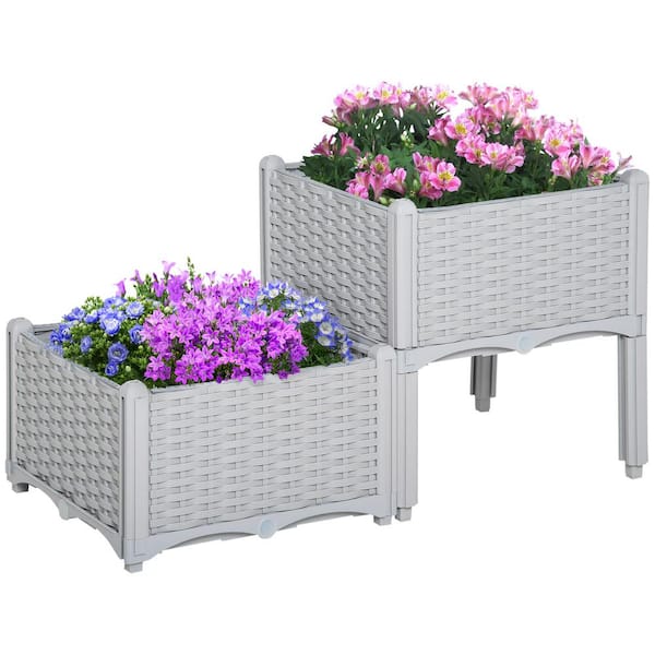 COOLSHARK 2-Piece 16 in. L x 16 in. W x 10 in. H Outdoor Deep Raised Garden Bed w/ Removable Legs Large Plastic Planter, Gray