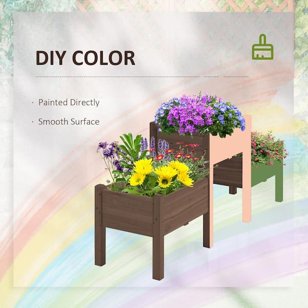 Unbranded - Coffee Raised Garden Bed with 3 Planter Box, Elevated Wooden Plant Stand with Drainage Holes for Vegetables, Flowers