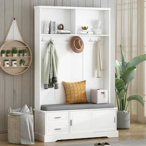 White 4-in-1 Hall Tree with Storage Cabinets, Cushioned Bench, 6 Silvery Hooks and 2 Open Shelves