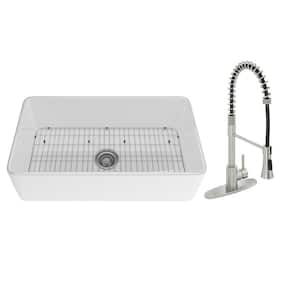 White Fireclay 33 in. Single Bowl Farmhouse Apron Kitchen Sink with Two-function sprinkler Kitchen Faucet