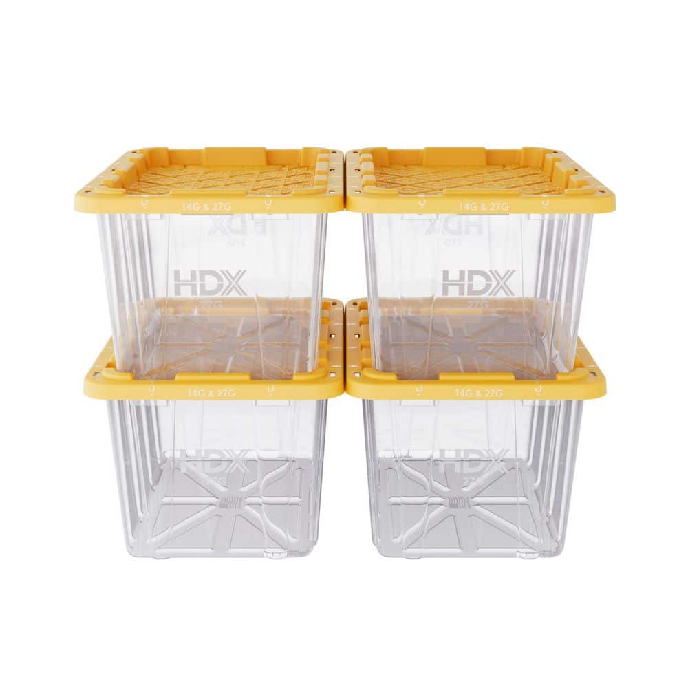 HDX 27 Gal. Tough Storage Tote in Clear with Yellow Lid (4-Pack
