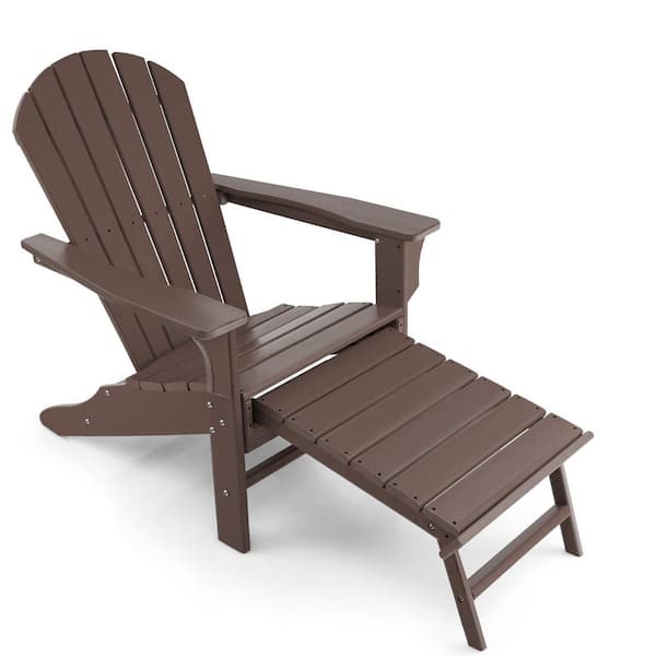 WELLFOR Brown HDPE Adirondack Chair with Retractable Ottoman (Set of 1)