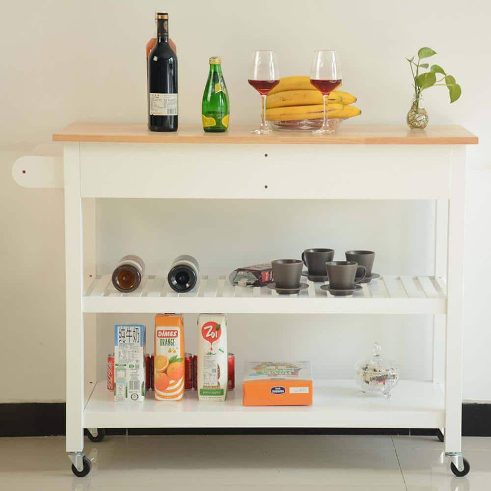 White Wood 45 in. Mobile Kitchen Island with 2-Lockable Wheels, Rubber Wood
