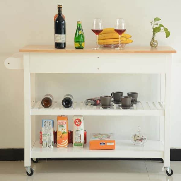 Unbranded White Wood 45 in. Mobile Kitchen Island with 2-Lockable Wheels, Rubber Wood Top, Simple Design