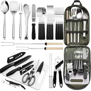 27-Piece Stainless Steel Portable Camping Kitchen Utensil Set with Green Storage Bag for Travel, Picnics, RVs, Camping