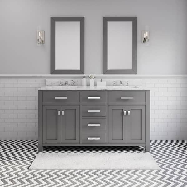 Water Creation Madison 60in.Wx21.5in.Dx34in.H Double Sink Bath Vanity in Cashmere Grey w/ Carrara White Marble Top, Faucets and Mirrors