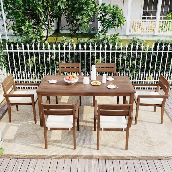 U_Style 7-Piece Acacia Wood Outdoor Dining Set with Cushion