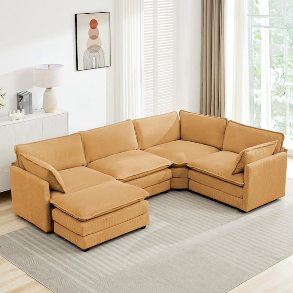 113.4 in. W 5-Piece Modern Corduroy Fabric Sectional Sofa with Ottoman in Yellow