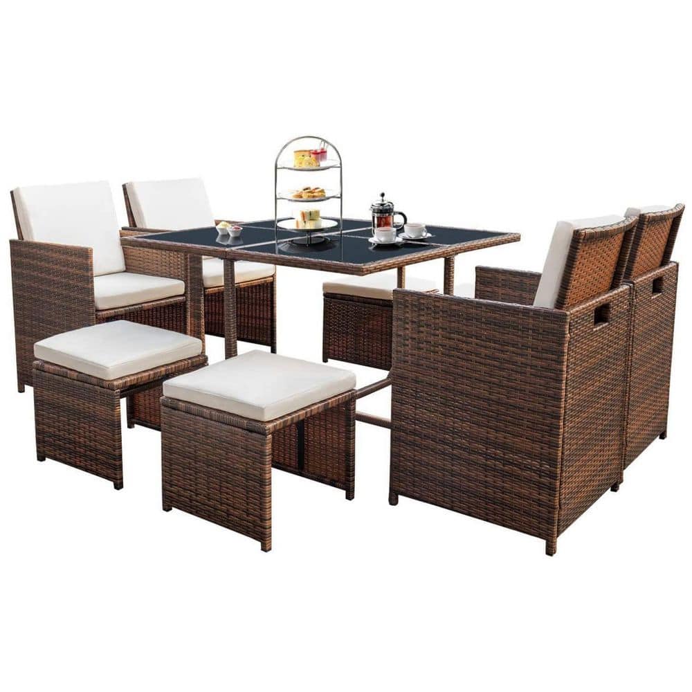 9-Piece Wicker Rectangular Outdoor Dining Sets with Beige Cushion