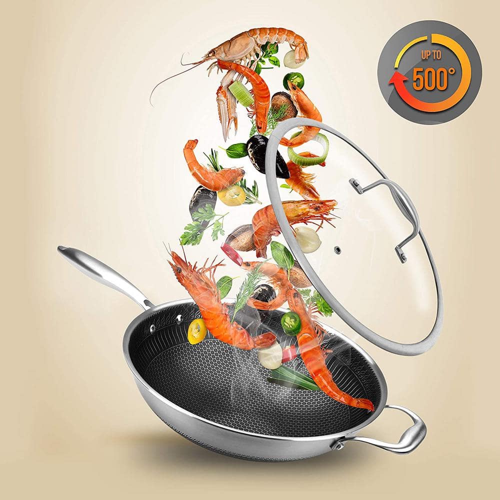NutriChef 12-Inch Stainless Steel Nonstick Wok with Glass Lid