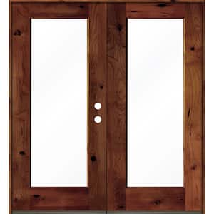 72 in. x 80 in. Rustic Knotty Alder Wood Clear Full-Lite Red Chestnut Stain Left Active Double Prehung Front Door