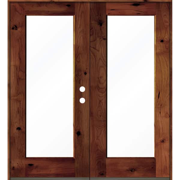 Krosswood Doors 72 in. x 80 in. Rustic Knotty Alder Wood Clear Full-Lite Red Chestnut Stain Left Active Double Prehung Front Door